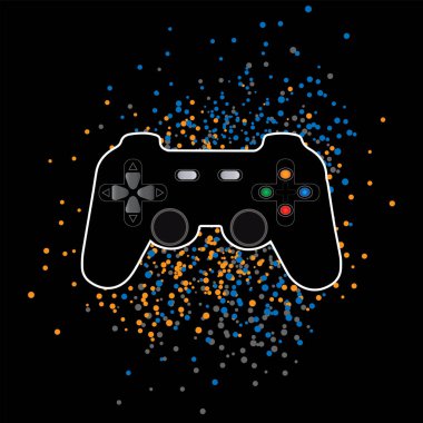 Siyah arkaplanda sprey efektli oyun joystick 'i ile vektör illüstrasyonu.
