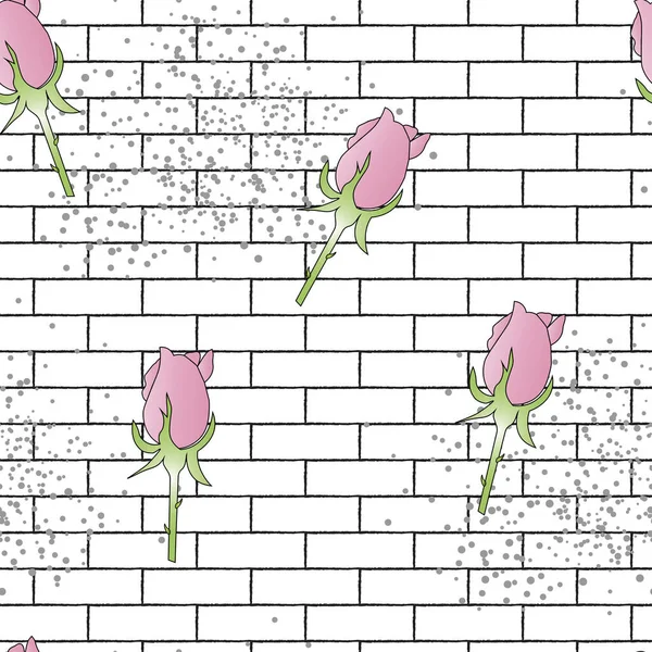 无缝隙图案 粉红色玫瑰芽 有渐变 白色砖底上有圆点 — 图库矢量图片