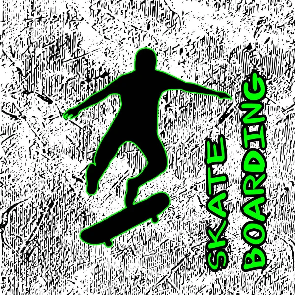Ilustração Vetorial Com Skatista Skate Texto Fundo Preto Branco Grunge — Vetor de Stock