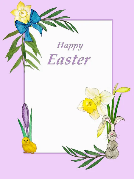 Spring Easter Card Flowers Narcissus Crocus Willow Chicken Rabbit — Stock Photo, Image