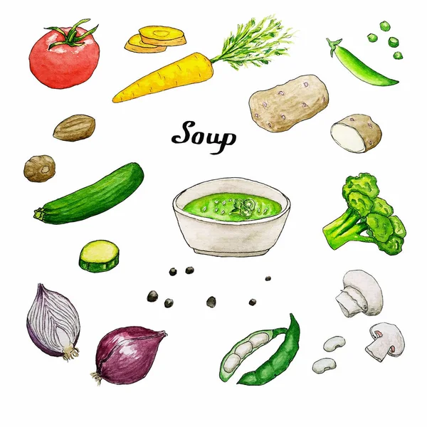 Olika Akvarell Ingredienser För Veganska Soppor Isolerad Bakgrund Män — Stockfoto