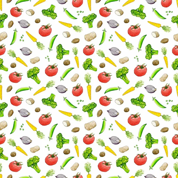 Zelenina Bezešvé Izolované Vzor Hráškem Cibulí Brambory Brokolice Rajčata Mrkev — Stock fotografie