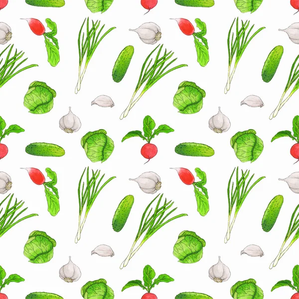 Watercolor seamless vegetable pattern radish, garlic, cucumber
