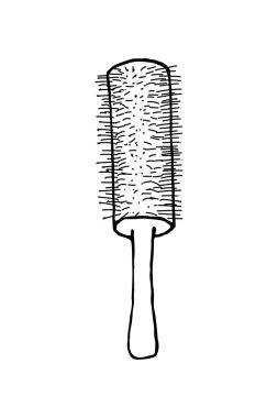 Yuvarlak Tüylü Kıvırcık Saçlı Fırça Çizgisi siyah beyaz taraklı. Her gün kullanılan saç bakım aleti. Simge, pul, etiket, broşür, poster ve afiş için kuaför ekipman vektör çizimi