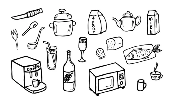 Gran conjunto de herramientas de cocina, bosquejo vectorial en líneas negras simples utensilios de cocina, alimentos vector escrito a mano, aislado sobre un fondo blanco. para web, impresión en papel, menús, textiles, iconos — Vector de stock