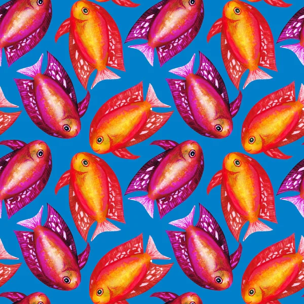 Modèle sans couture avec des poissons aquarelles colorés. Tapis à la main — Photo