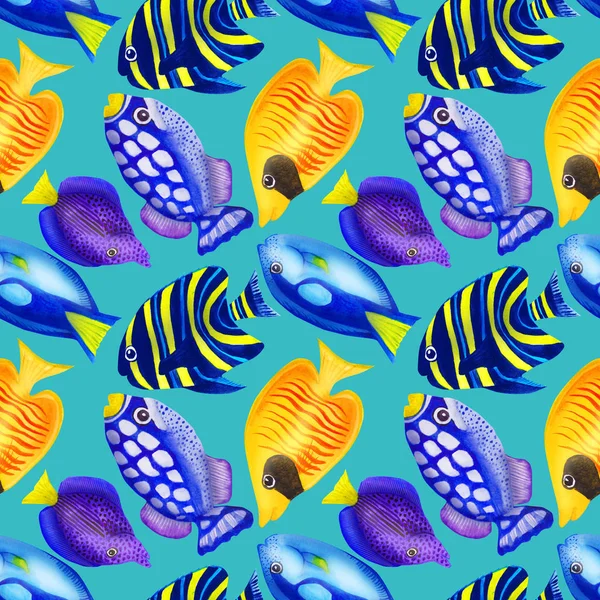 Безшовний візерунок з різнокольоровими акварельними рибами. Мальована вода — стокове фото