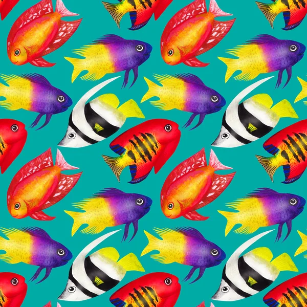 Wzór z kolorowe ryby akwarela. Ręcznie rysowane wat — Zdjęcie stockowe