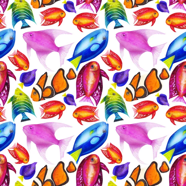 Modèle sans couture avec des poissons aquarelles colorés. Tapis à la main — Photo