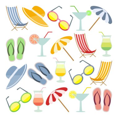 summer sea holiday items, set of beach things, cartoon style, vector illustration on white background
