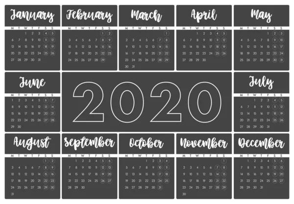 Planificador Calendario 2020 Planificador 2020 Año Plantilla Diseño Calendario Calendario — Vector de stock