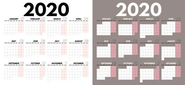 Planificador Calendario 2020 Planificador 2020 Año Plantilla Diseño Calendario Calendario — Vector de stock