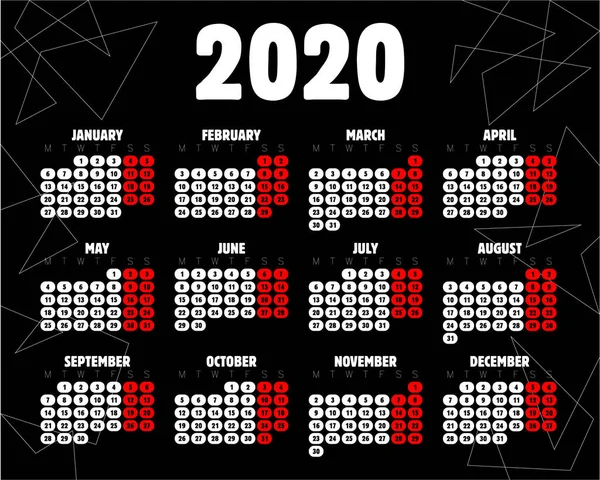 Planificador Calendario 2020 Planificador 2020 Año Plantilla Diseño Calendario Calendario — Vector de stock