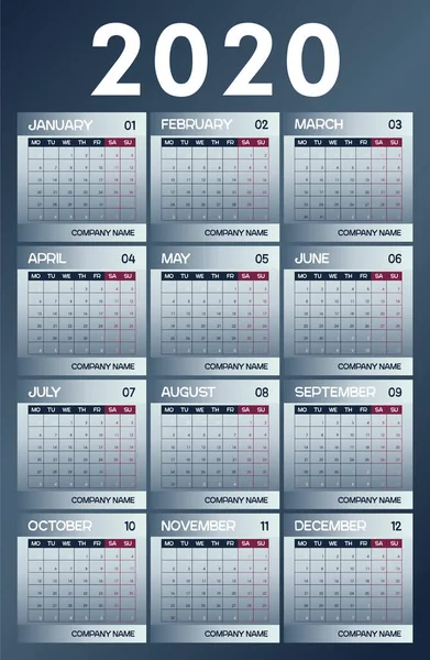 Planificador Calendario 2020 Planificador 2020 Año Plantilla Diseño Calendario Calendario — Vector de stock