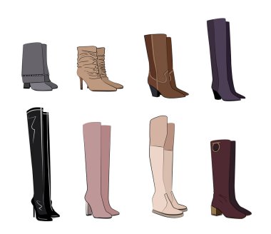 Yüksek moda topuklu kadın ayakkabıları. Kış ayakkabıları - vektör seti beyaz arka planda izole edildi. Ayakkabı. Marka pahalı moda ayakkabılar, botlar.