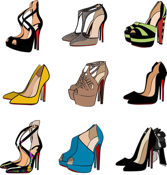 High fashion heel women shoes. Vector set isolated shoe doodle sketch. Brand expensive fashion shoes