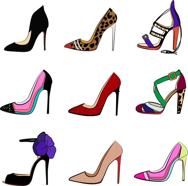 High fashion heel women shoes. Vector set isolated shoe doodle sketch. Brand expensive fashion shoes