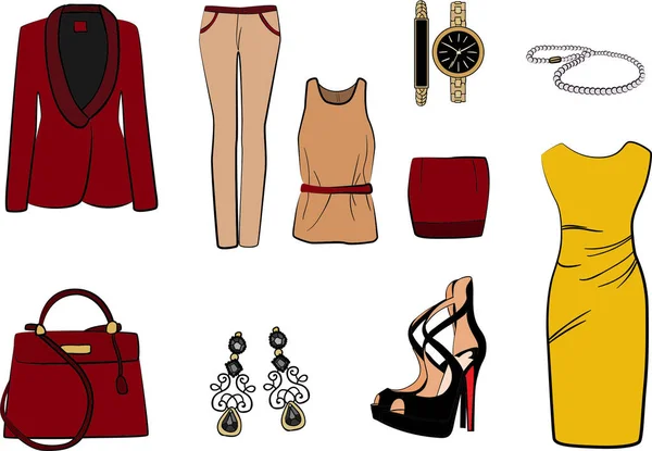 Kobiety Luxury Fashion tkaniny wektor zestaw. sukienka, torba, szpilki, kolczyki, zegar, perły, spódnica, złoty kolor — Wektor stockowy
