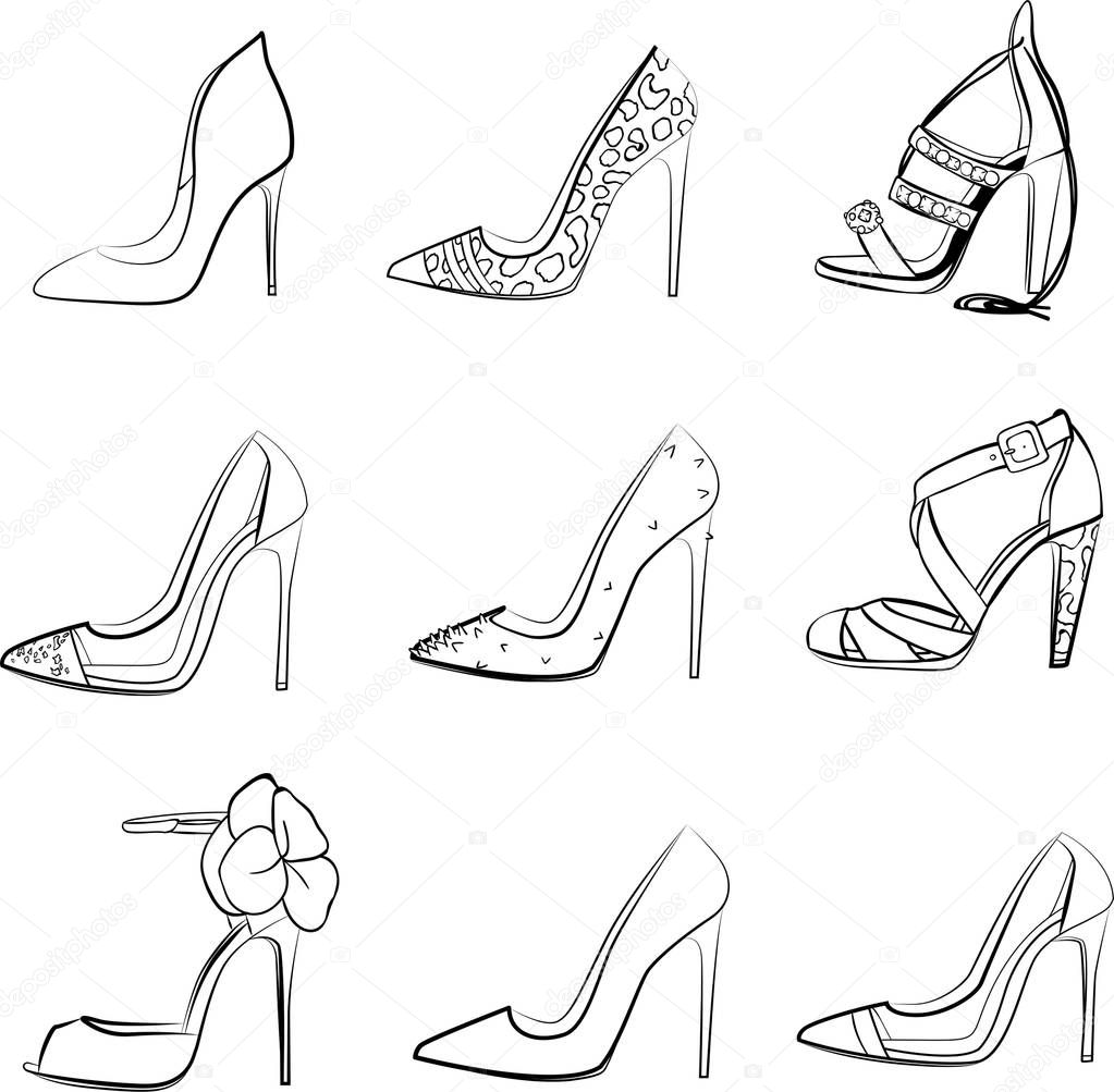 High Heel fashion woman shoe  vector set isolated on white background. doodle objects fashion illustration