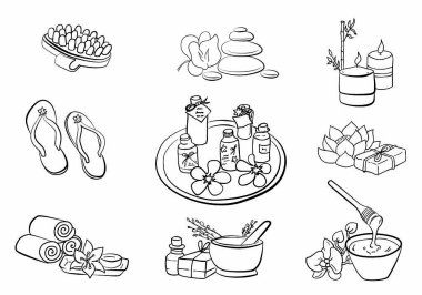 Beyaz arkaplanda izole edilmiş spa el çizimi vektör karalama seti. Güzellik salonu tasarımı - mumlar, havlu, taşlar, parfüm, aroma, terlik, yağ, saç fırçası, masaj