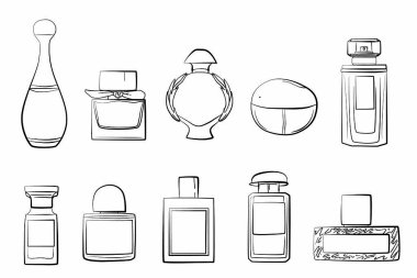 Parfüm şişeleri ikonları. Parfüm arkaplanı. Eau de Tuvalet. Güzel parfüm vektörü beyaz arka planda izole edildi. Moda çizimi