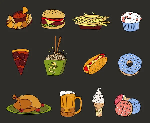 Vector Set Fast Food Colorful Vector Illustration Isolated Objects White — Stock Vector