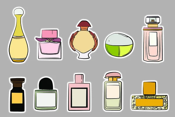 Parfumflesjes pictogrammen. Eau de parfum achtergrond. Eau de toilette. Mooie parfum vector set geïsoleerd op witte achtergrond. Modeillustratie — Stockvector