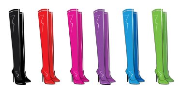 Yüksek çizmeli kadın ayakkabıları. Moda illüstrasyon vektör objesi. Mor, pembe. Mavi, kırmızı