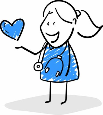 Covid-19. Coronavirüs. Kalbi olan bir doktor, nazik. Kız El karalama çizgisi çizmiş. Çizgi film karakteri, izole vektör çizimi. Sağlık ve İlaç.