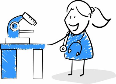 Covid-19. Coronavirus. Doktor ve mikroskop. Kız El karalama çizgisi çizdi. Çizgi film karakteri - izole vektör çizimi. Sağlık ve İlaç.