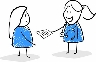 Covid-19. Coronavirus. Doktor bir hastaya reçete yazıyor. Kız El karalama çizgisi çizmiş. Çizgi film karakteri - izole vektör çizimi. Sağlık ve İlaç.