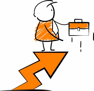 İş adamı - Ofis çalışanı yöneticisi evrak çantasıyla oklar üzerinde duruyor. Çocuk el çizimi karikatür tasarımı karakteri - izole edilmiş vektör çizimi.