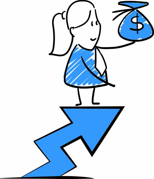 ビジネスマン お金袋を保持する矢印チャートに立ってオフィスワーカーマネージャー 少女手描きドアラインアート漫画のデザインキャラクター 女性の孤立ベクトルイラストの概要 — ストックベクタ