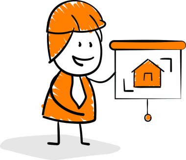 Mühendis ya da mimar işçi sunumu ev tasarımı. Erkek el çizimi karalama çizimi çizgi film tasarım karakteri - izole vektör çizimi insan çizimi.