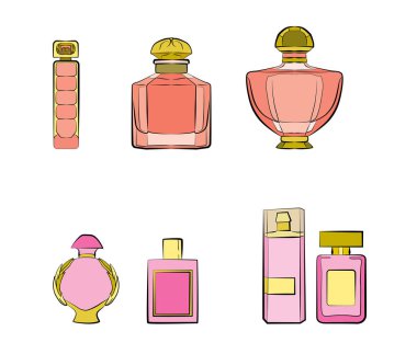 Parfüm şişelerinin simgeleri pürüzsüz. Parfüm arkaplanı. Eau de Tuvalet. Güzel parfüm vektörü beyaz arkaplanda izole edildi