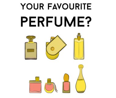 Parfüm şişelerinin simgeleri pürüzsüz. Parfüm arkaplanı. Eau de Tuvalet. Güzel parfüm vektörü beyaz arkaplanda izole edildi