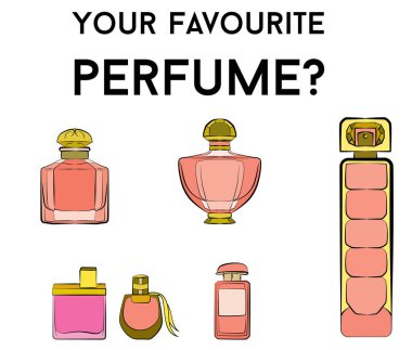 Parfüm şişelerinin simgeleri pürüzsüz. Parfüm arkaplanı. Eau de Tuvalet. Güzel parfüm vektörü beyaz arkaplanda izole edildi