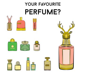Parfüm şişelerinin simgeleri pürüzsüz. Parfüm arkaplanı. Eau de Tuvalet. Güzel parfüm vektörü beyaz arkaplanda izole edildi