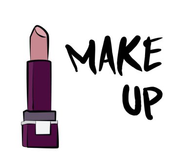 Ruj ve dudak parlatıcısı, el yapımı makyaj seti. Makyaj, fırça - Beyaz arkaplanda izole edilmiş moda illüstrasyon vektörü nesnesi