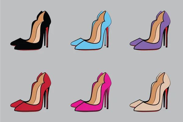 Mujer Alta Costura Zapatillas Vector Conjunto Aislado Doodle Objetos Ilustración — Archivo Imágenes Vectoriales