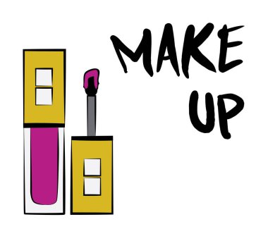 Ruj ve dudak parlatıcısı, el yapımı makyaj seti. Makyaj, fırça - Beyaz arkaplanda izole edilmiş moda illüstrasyon vektörü nesnesi