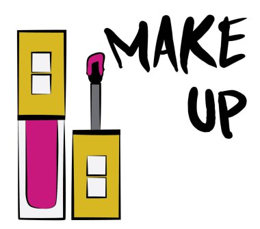 Ruj ve dudak parlatıcısı, el yapımı makyaj seti. Makyaj, fırça - Beyaz arkaplanda izole edilmiş moda illüstrasyon vektörü nesnesi