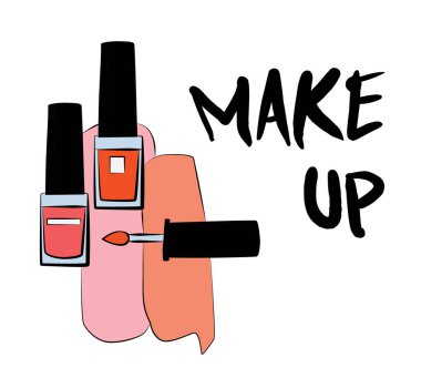 Ruj ve dudak parlatıcısı, el yapımı makyaj seti. Makyaj, fırça - Beyaz arkaplanda izole edilmiş moda illüstrasyon vektörü nesnesi