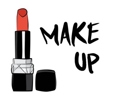 Ruj ve dudak parlatıcısı, el yapımı makyaj seti. Makyaj, fırça - Beyaz arkaplanda izole edilmiş moda illüstrasyon vektörü nesnesi