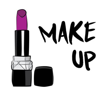 Ruj ve dudak parlatıcısı, el yapımı makyaj seti. Makyaj, fırça - Beyaz arkaplanda izole edilmiş moda illüstrasyon vektörü nesnesi