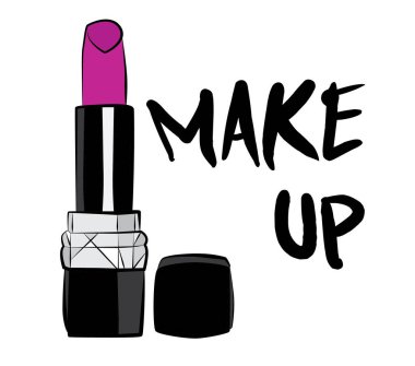 Ruj ve dudak parlatıcısı, el yapımı makyaj seti. Makyaj, fırça - Beyaz arkaplanda izole edilmiş moda illüstrasyon vektörü nesnesi