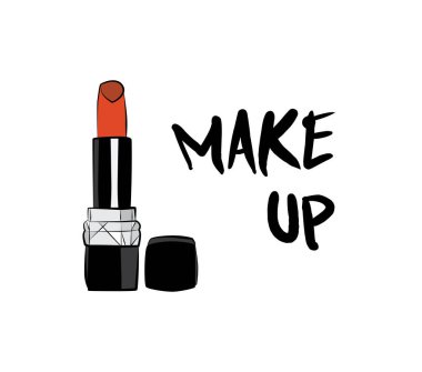 Ruj ve dudak parlatıcısı, el yapımı makyaj seti. Makyaj, fırça - Beyaz arkaplanda izole edilmiş moda illüstrasyon vektörü nesnesi