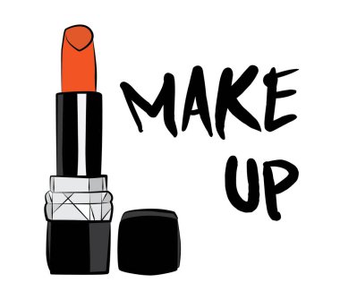 Ruj ve dudak parlatıcısı, el yapımı makyaj seti. Makyaj, fırça - Beyaz arkaplanda izole edilmiş moda illüstrasyon vektörü nesnesi