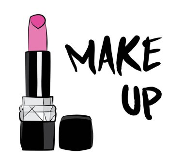 Ruj ve dudak parlatıcısı, el yapımı makyaj seti. Makyaj, fırça - Beyaz arkaplanda izole edilmiş moda illüstrasyon vektörü nesnesi