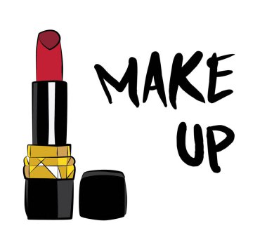 Ruj ve dudak parlatıcısı, el yapımı makyaj seti. Makyaj, fırça - Beyaz arkaplanda izole edilmiş moda illüstrasyon vektörü nesnesi